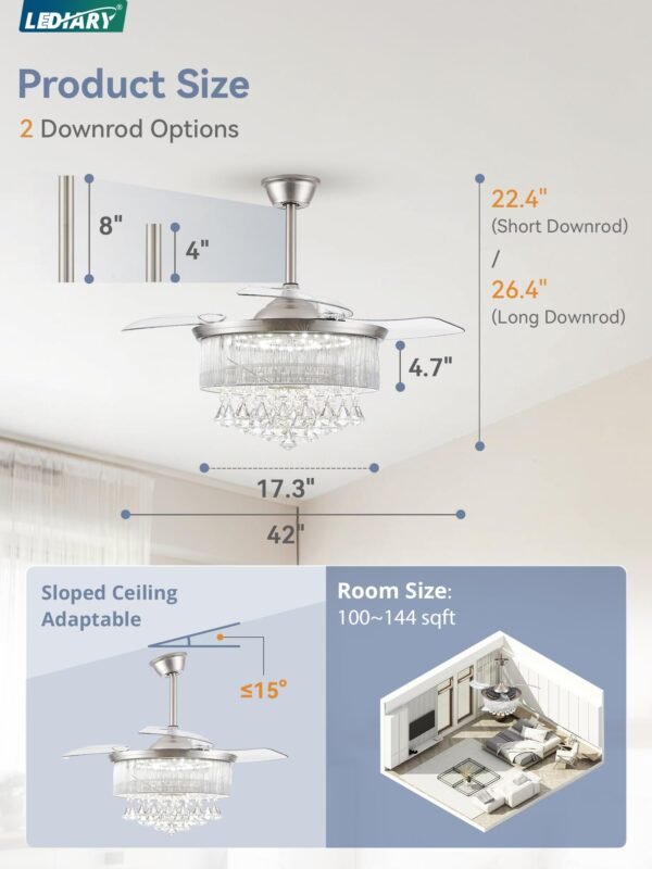 42 Inch Chandelier Ceiling Fans with Lights and Remote, Retractable Fandelier Ceiling Fan - Image 13