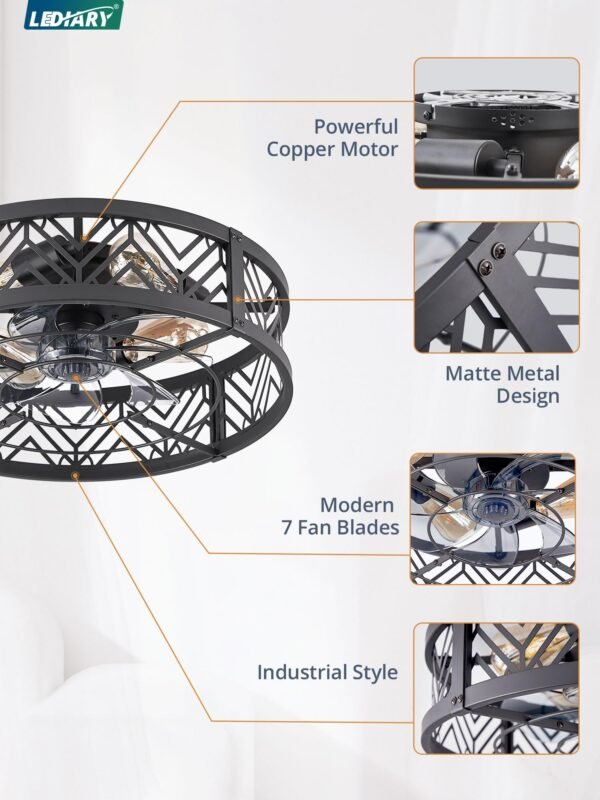 20" Caged Ceiling Fan with Light, Small Flush Mount Ceiling Fan with App - Image 22