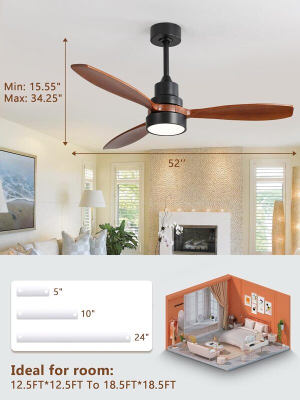 52 inch Solid Wood Ceiling Fan with Lights and Remote, Low Profile Yellow White Ceiling Fan - Image 7