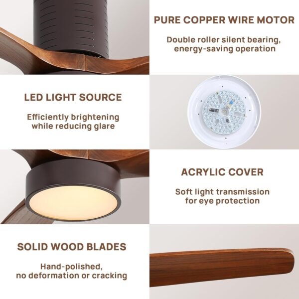 52 Inch Solid Wood Ceiling Fans With Lights, Low Profile Ceiling Fan with Light and Remote - Image 110