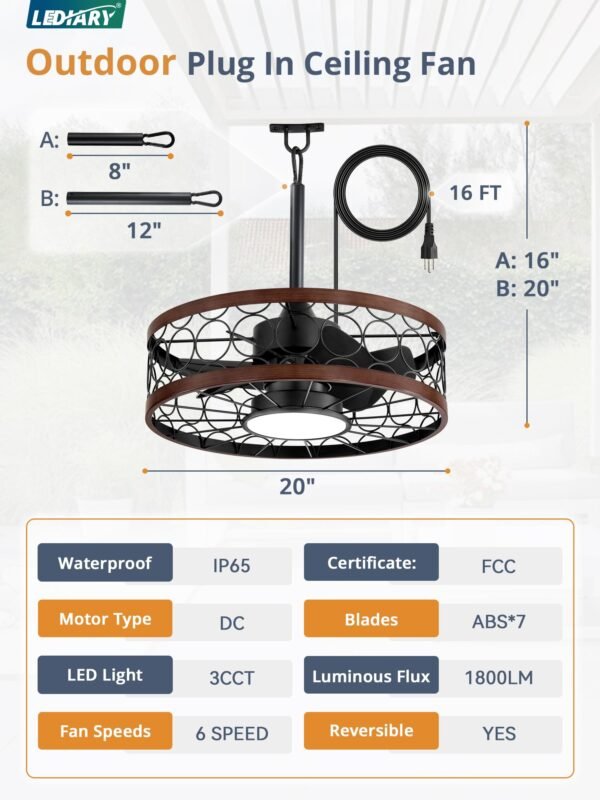 Outdoor Ceiling Fan with Light and Remote,Waterproof Gazebo Fan with Hanging Hook,6 Speeds - Image 6