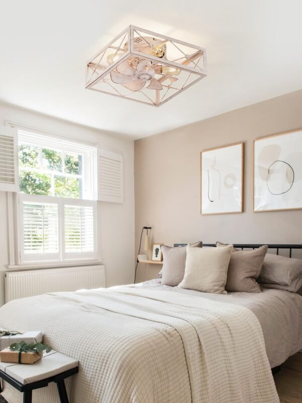 Caged Low Profile Ceiling Fans with Lights and Remote, White Square Flush Mount Ceiling Fan - Image 7