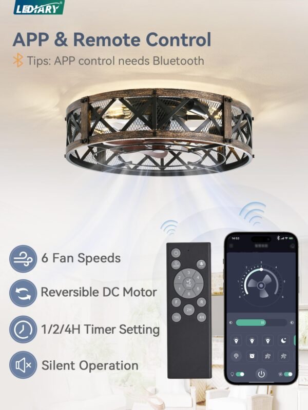20" Caged Ceiling Fan With Light, APP&Remote Control, Small Flush Mount Farmhouse Fan Lights - Image 10