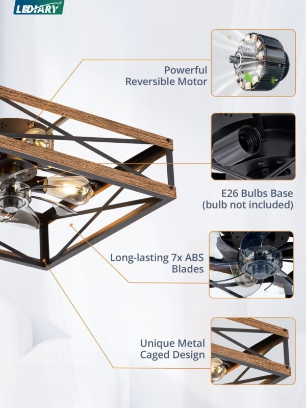 Caged Low Profile Ceiling Fans with Lights and Remote, Rustic Square Flush Mount Ceiling Fan - Image 11