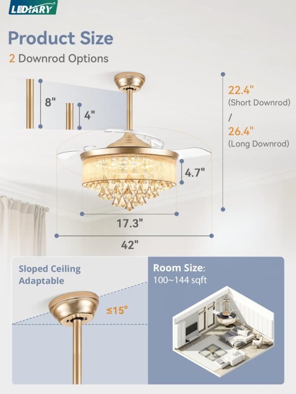 42 Inch Chandelier Ceiling Fans with Lights and Remote, Retractable Fandelier Ceiling Fan - Image 6