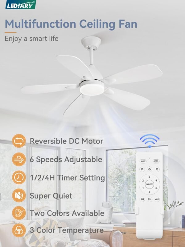 Ceiling Fans with Lights,42 inch Ceiling Fans with Lights and Remote,3CCT,6 Speeds,Reversible DC Motor - Image 2