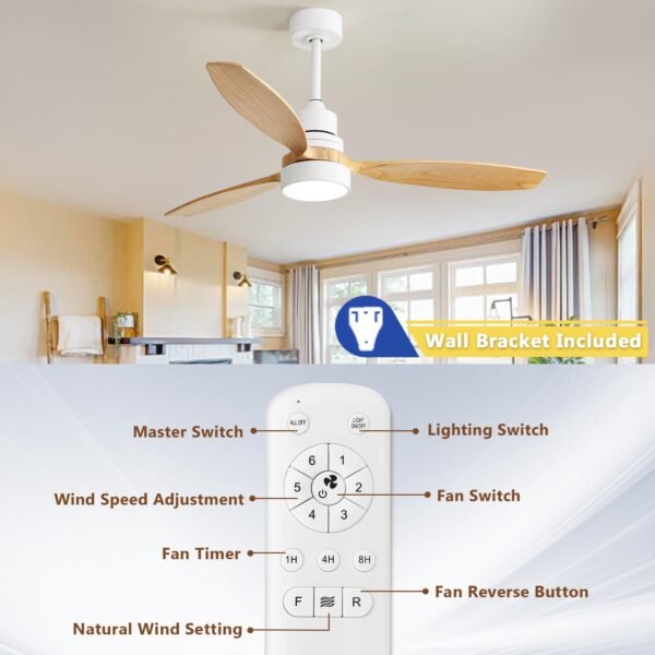 52 inch Solid Wood Ceiling Fan with Lights and Remote, Low Profile Yellow White Ceiling Fan - Image 15
