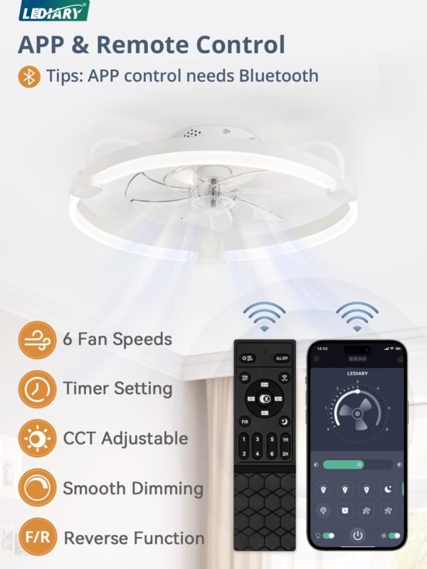 Ceiling Fans with Lights and Remote, 20'' Low Profile Ceiling Fan with Light, 3000-6000K Dimmable Fandelier LED Fan Light - Image 2