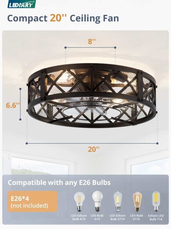 20" Caged Ceiling Fan With Light, APP&Remote Control, Small Flush Mount Farmhouse Fan Lights - Image 6