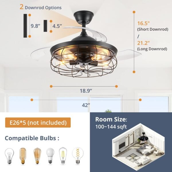 20" Caged Ceiling Fans with Lights and Remote, Flush Mount Bladeless Ceiling Fan Low Profile - Image 6