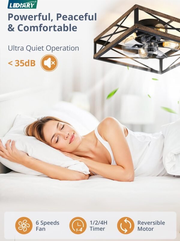 Caged Low Profile Ceiling Fans with Lights and Remote, Rustic Square Flush Mount Ceiling Fan - Image 35