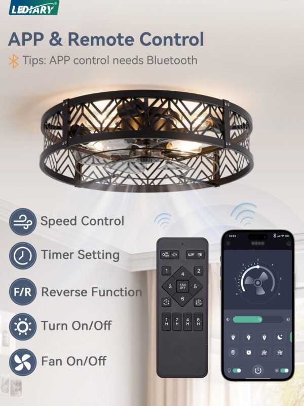 20" Caged Ceiling Fan with Light, Small Flush Mount Ceiling Fan with App - Image 12