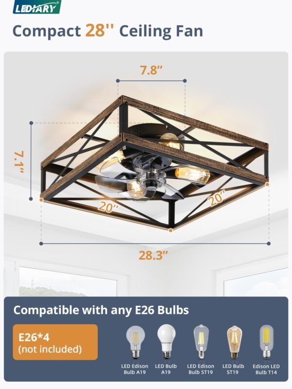 Caged Low Profile Ceiling Fans with Lights and Remote, Rustic Square Flush Mount Ceiling Fan - Image 38