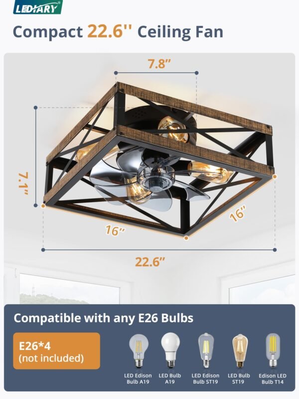 Caged Low Profile Ceiling Fans with Lights and Remote, Rustic Square Flush Mount Ceiling Fan - Image 19