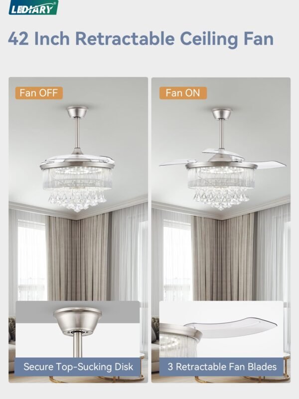 42 Inch Chandelier Ceiling Fans with Lights and Remote, Retractable Fandelier Ceiling Fan - Image 11