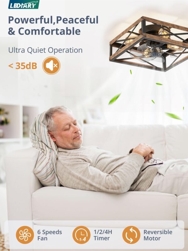 Caged Low Profile Ceiling Fans with Lights and Remote, Rustic Square Flush Mount Ceiling Fan - Image 2