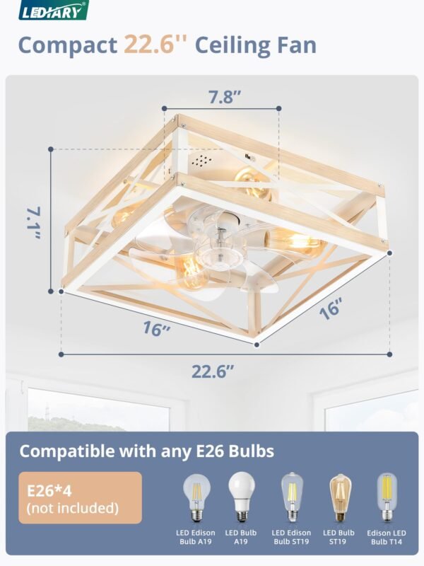 Caged Low Profile Ceiling Fans with Lights and Remote, Rustic Square Flush Mount Ceiling Fan - Image 45