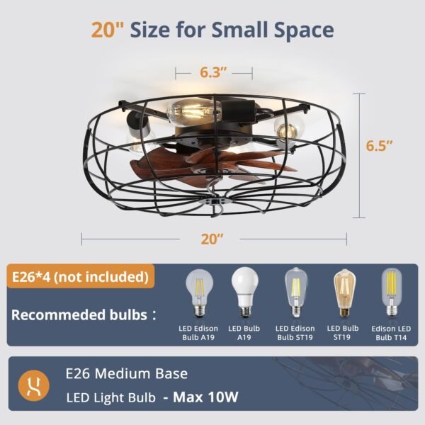 20" Caged Ceiling Fans with Lights and Remote, Flush Mount Bladeless Ceiling Fan Low Profile - Image 37