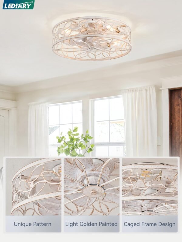 Caged Ceiling Fans with Lights, White Flush Mount Ceiling Fan with Remote - Image 10