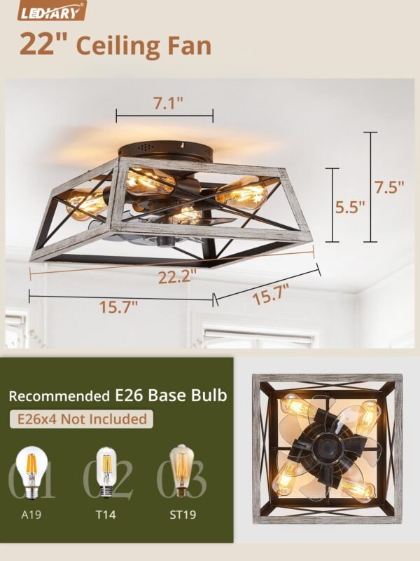 20" Caged Ceiling Fans with Lights and Remote, Flush Mount Bladeless Ceiling Fan Low Profile - Image 30