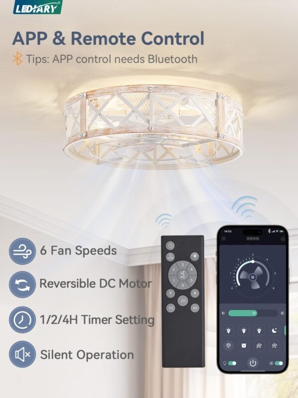 20" Caged Ceiling Fan With Light, APP&Remote Control, Small Flush Mount Farmhouse Fan Lights - Image 18