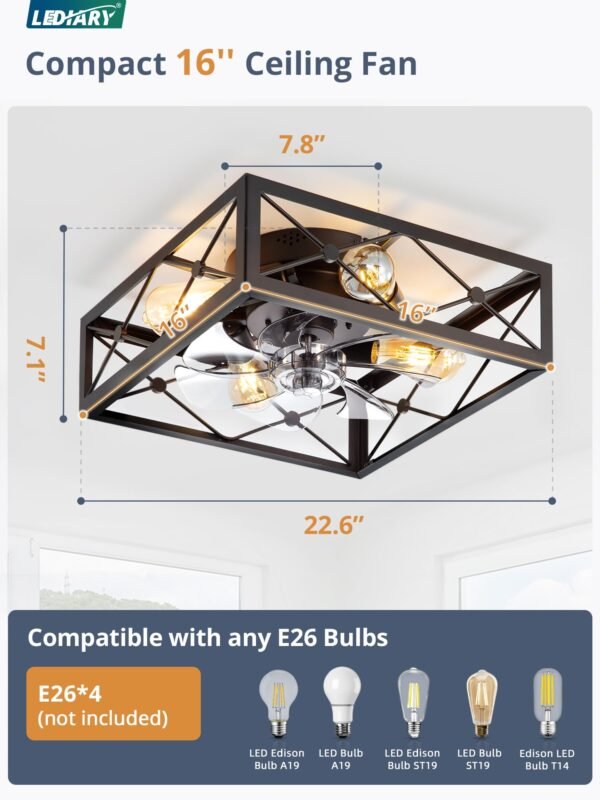 Caged Flush Mount Ceiling Fans with Lights and Remote, Black Square Low Profile Rustic Ceiling Fan - Image 13