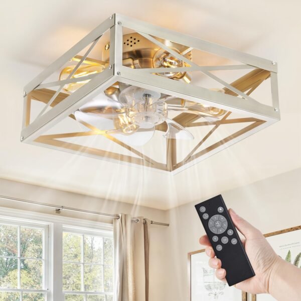 Caged Low Profile Ceiling Fans with Lights and Remote, Rustic Square Flush Mount Ceiling Fan - Image 28