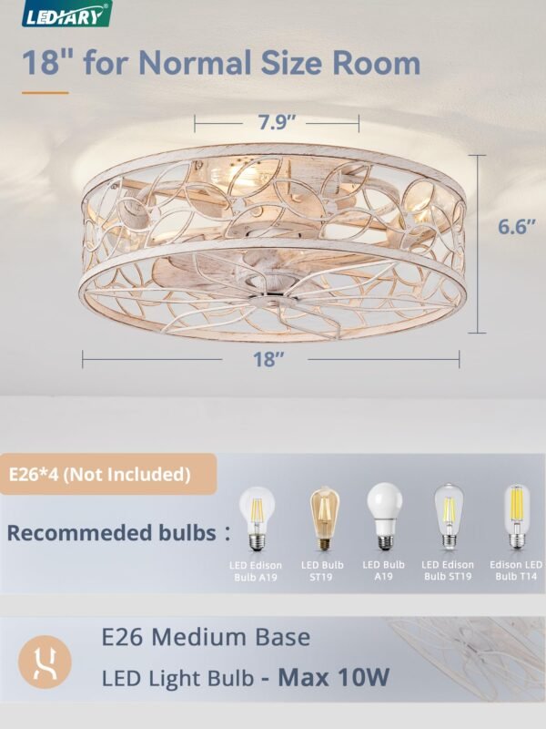 Caged Ceiling Fans with Lights, White Flush Mount Ceiling Fan with Remote - Image 19
