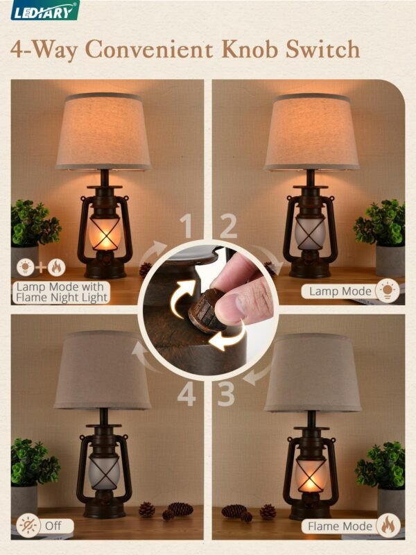 18.72" LED Vintage Lantern Flickering Flame Table Lamps for Bedrooms Set of 2, Small Farmhouse Rustic Vintage End Table Lamps - Image 3