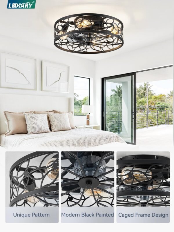 Caged Ceiling Fans with Lights, White Flush Mount Ceiling Fan with Remote - Image 25
