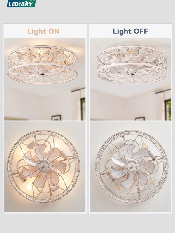 Caged Ceiling Fans with Lights, White Flush Mount Ceiling Fan with Remote - Image 20