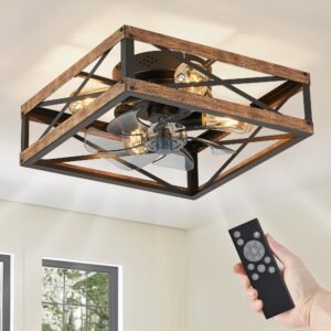 Caged Low Profile Ceiling Fans with Lights and Remote, Rustic Square Flush Mount Ceiling Fan
