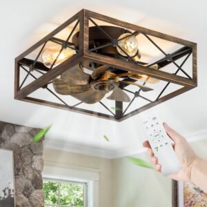 Caged Flush Mount Ceiling Fans with Lights and Remote, Black Square Low Profile Rustic Ceiling Fan