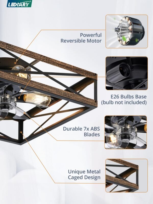 Caged Low Profile Ceiling Fans with Lights and Remote, Rustic Square Flush Mount Ceiling Fan - Image 37