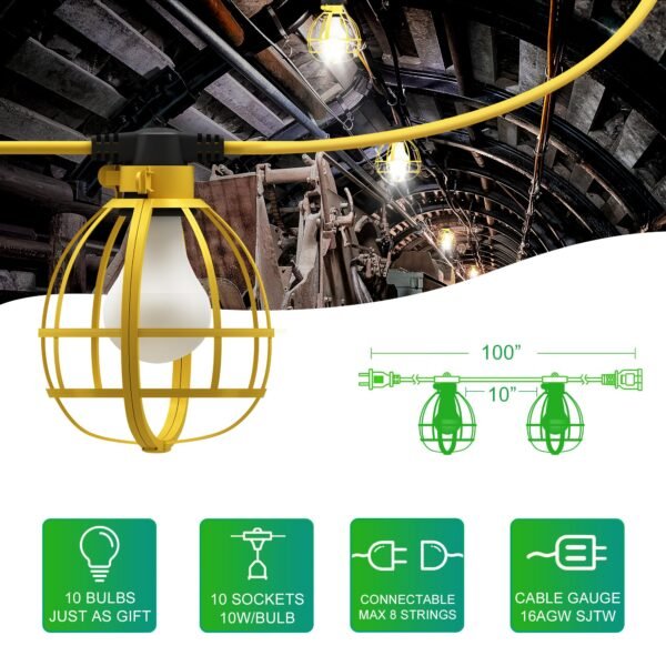 100FT Construction String Lights, 10 Bulbs 100W 10500LM String Work Lights with 10 Medium Base Sockets - Image 10