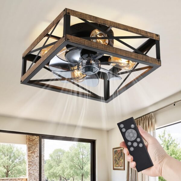 Caged Low Profile Ceiling Fans with Lights and Remote, Rustic Square Flush Mount Ceiling Fan - Image 14