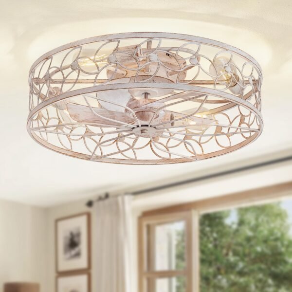 Caged Ceiling Fans with Lights, White Flush Mount Ceiling Fan with Remote - Image 30