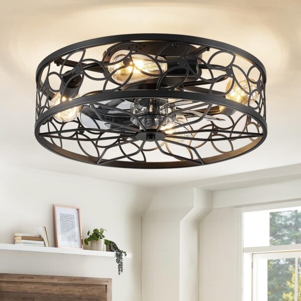 Caged Ceiling Fans with Lights, White Flush Mount Ceiling Fan with Remote - Image 23