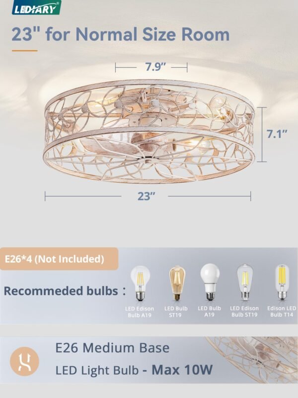 Caged Ceiling Fans with Lights, White Flush Mount Ceiling Fan with Remote - Image 34