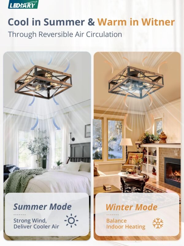 Caged Low Profile Ceiling Fans with Lights and Remote, Rustic Square Flush Mount Ceiling Fan - Image 3