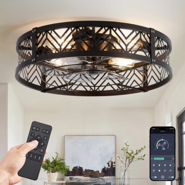 20" Caged Ceiling Fan with Light, Small Flush Mount Ceiling Fan with App - Image 8