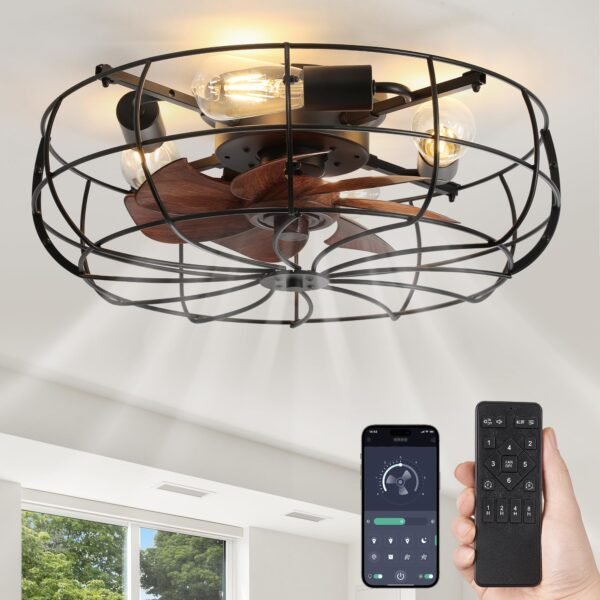 20" Caged Ceiling Fans with Lights and Remote, Flush Mount Bladeless Ceiling Fan Low Profile - Image 32