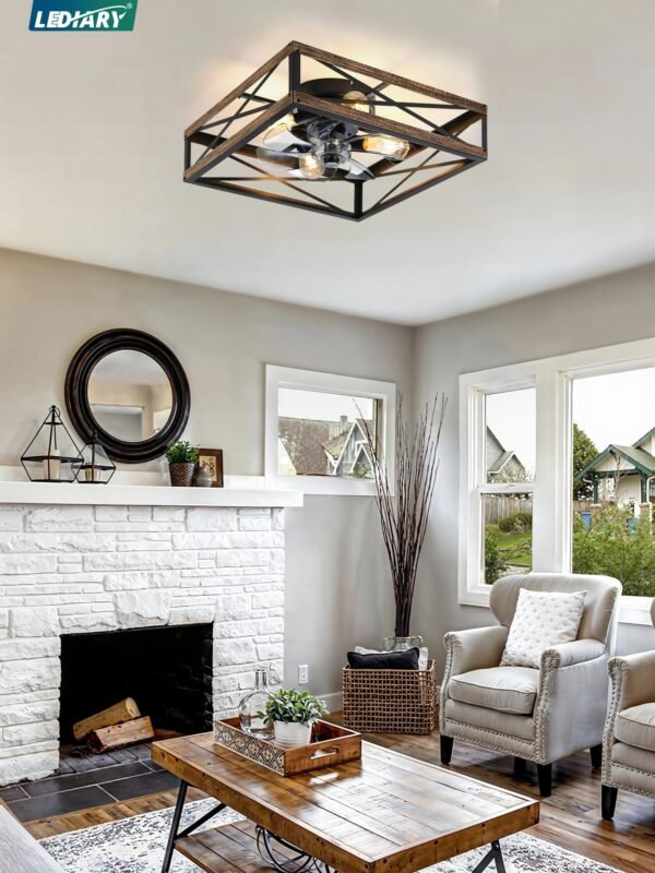 Caged Low Profile Ceiling Fans with Lights and Remote, Rustic Square Flush Mount Ceiling Fan - Image 39