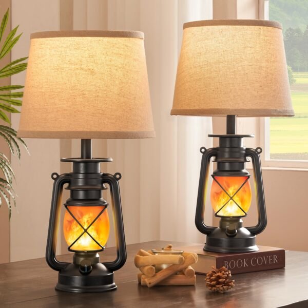 18.72" LED Vintage Lantern Flickering Flame Table Lamps for Bedrooms Set of 2, Small Farmhouse Rustic Vintage End Table Lamps - Image 13