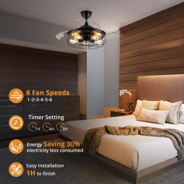 20" Caged Ceiling Fans with Lights and Remote, Flush Mount Bladeless Ceiling Fan Low Profile - Image 2