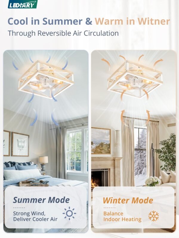 Caged Low Profile Ceiling Fans with Lights and Remote, Rustic Square Flush Mount Ceiling Fan - Image 42