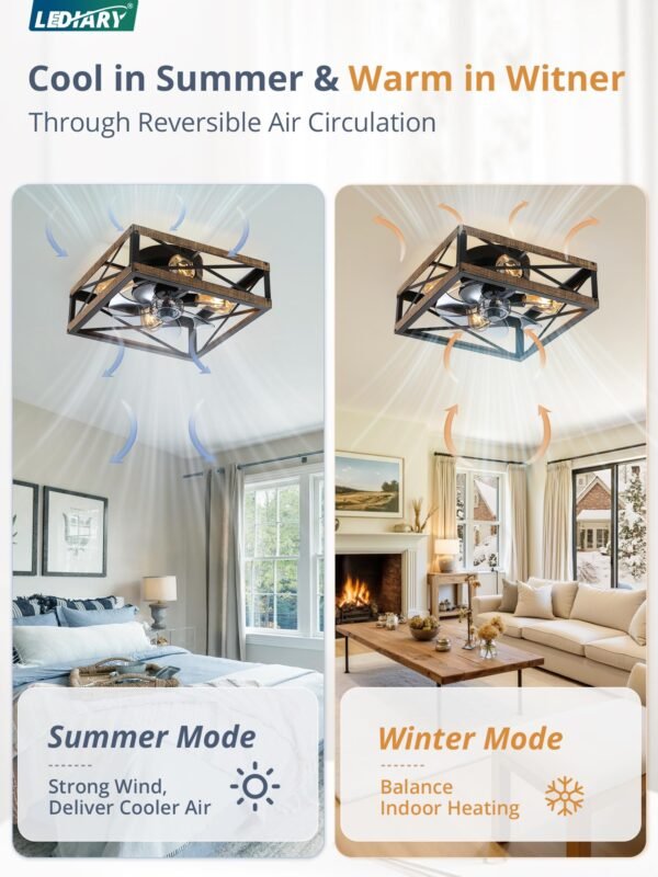Caged Low Profile Ceiling Fans with Lights and Remote, Rustic Square Flush Mount Ceiling Fan - Image 16