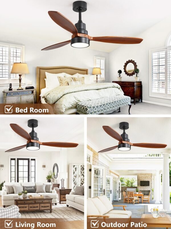 52 inch Solid Wood Ceiling Fan with Lights and Remote, Low Profile Yellow White Ceiling Fan - Image 2