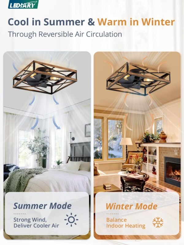 Caged Low Profile Ceiling Fans with Lights and Remote, Rustic Square Flush Mount Ceiling Fan - Image 23