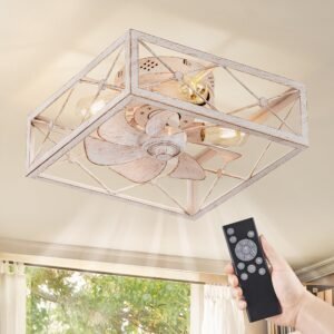 Caged Low Profile Ceiling Fans with Lights and Remote, White Square Flush Mount Ceiling Fan